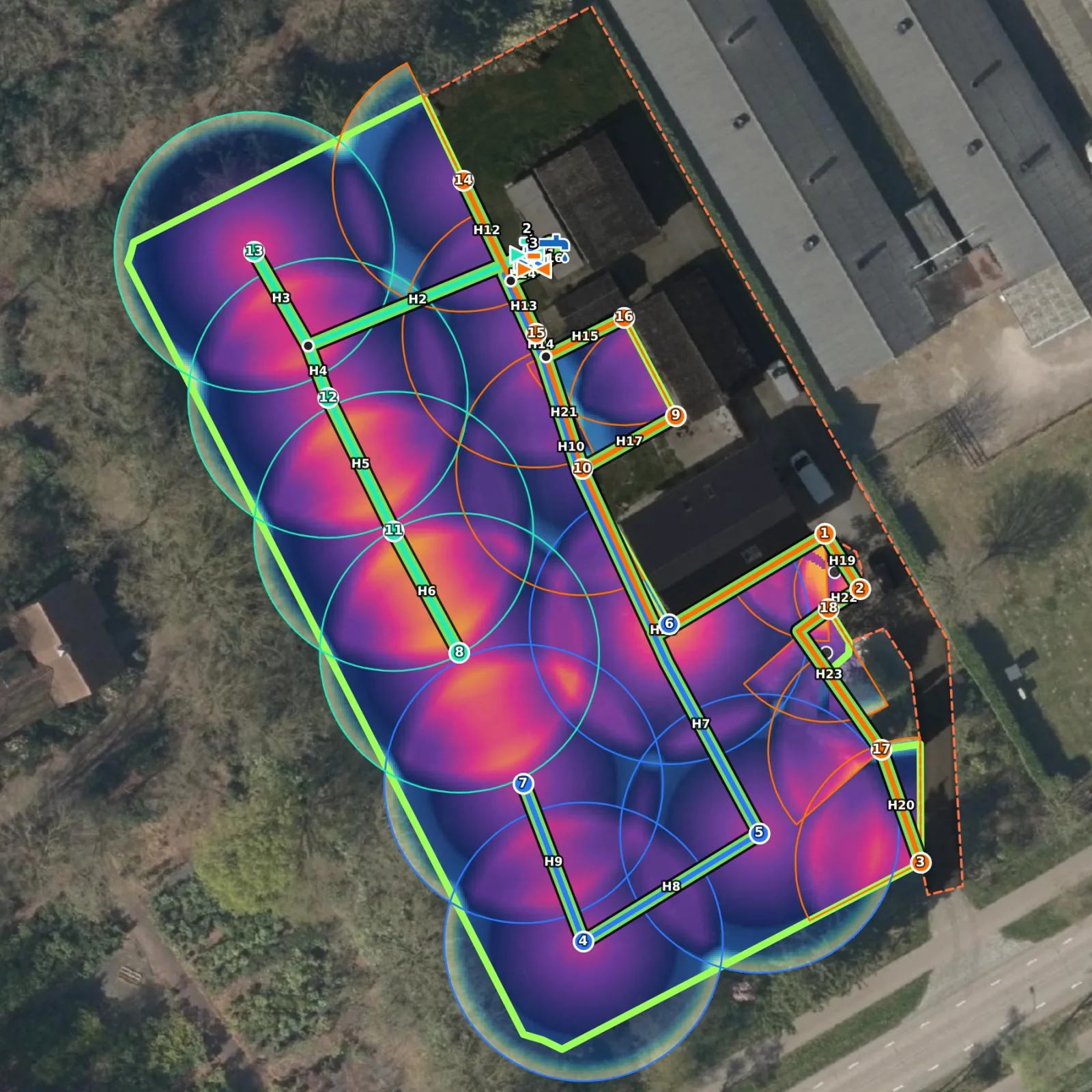 A real 36,170 sq ft garden in Rainplot: 18 pop-up sprinklers in 3 zones with their pipes, and the precipitation map on the aerial photo