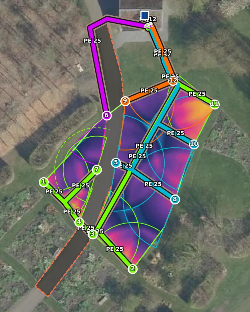 The planner's proposal: zones in colour with their pipes